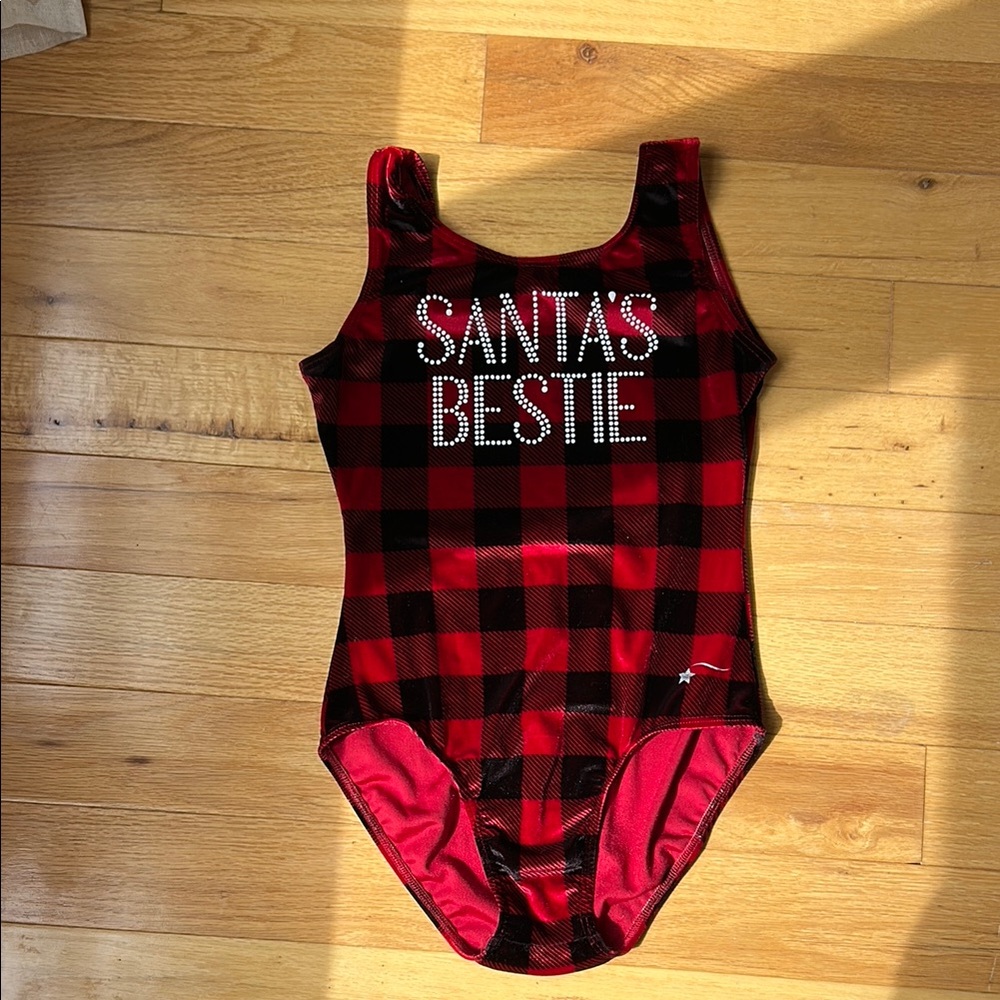 Destira Red and Black Plaid 'Santa's Bestie' Velvet Leotard